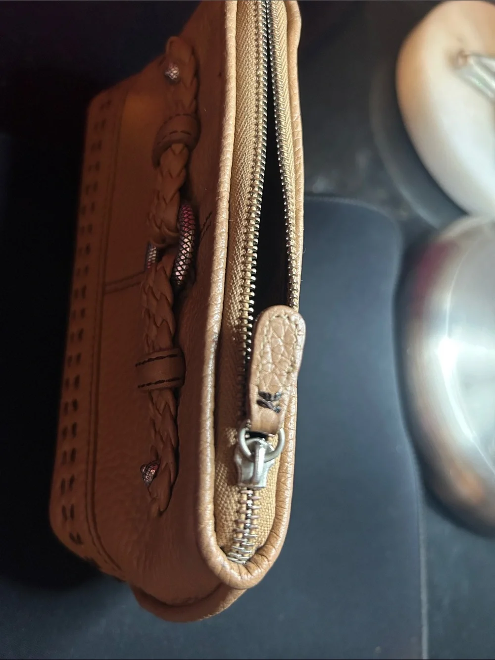 Brighton Tan Braided Accent Leather Cosmetic Pouch